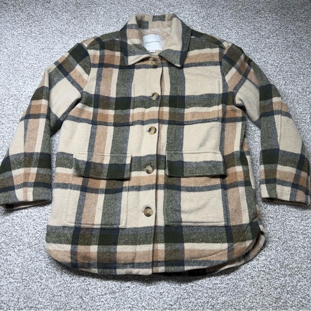 American Eagle Heavy Sherpa‎ Lined Shacket Brown Green Beige Plaid Size Medium